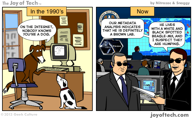 two-panel joyoftech.com comic, first panel is labeled "IN THE 1990's" and shows a colorized version of the classic 1993 new yorker comic "On the Internet, nobody knows you're a dog", second panel is labeled "NOW" and shows two NSA agents with speech bubbles saying "OUR METADATA ANALYSIS INDICATES THAT HE IS DEFINITELY A BROWN LAB." and "HE LIVES WITH A WHITE AND BLACK SPOTTED BEAGLE MIX, AND I SUSPECT THEY ARE HUMPING"