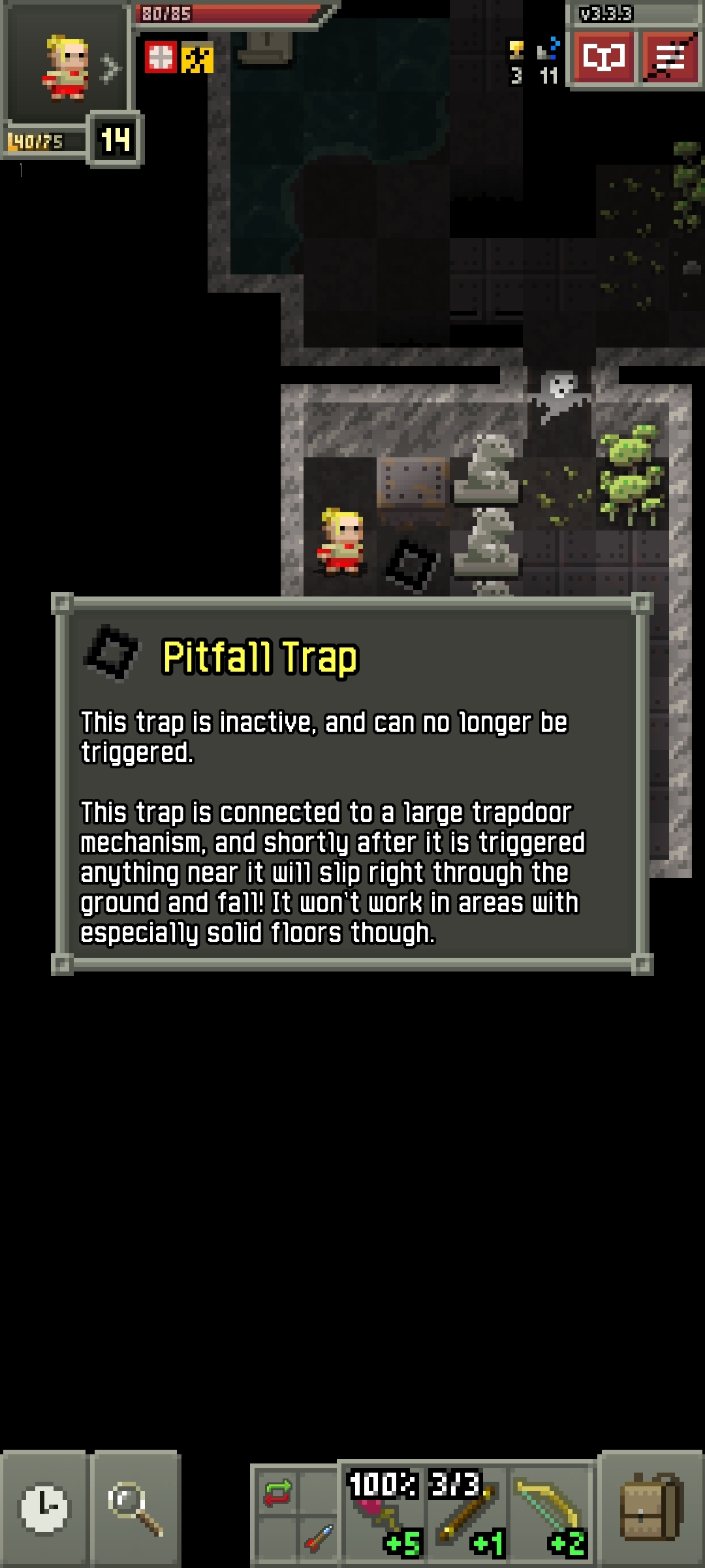 Description of a triggered pitfall trap located in front of the chest in a red sentry room.