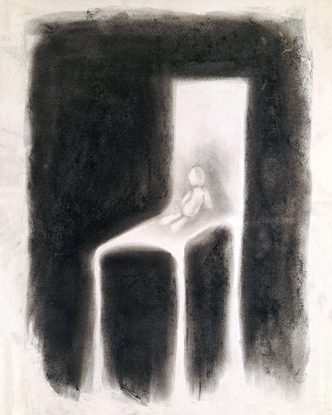 Eerie charcoal drawing of a lone rag doll sitting on a ghostly chair.