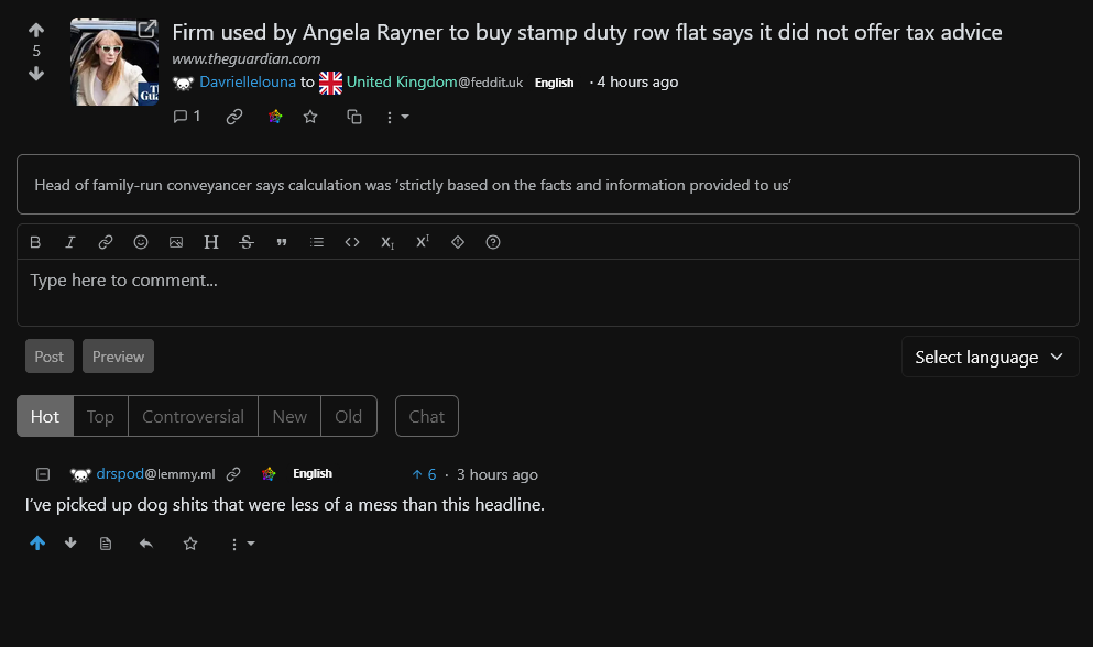 A Guardian headline that reads "https://www.theguardian.com/politics/2025/sep/04/angela-rayner-used-family-conveyancing-firm-to-buy-tax-row-flat" and a comment that reads "I’ve picked up dog shits that were less of a mess than this headline."