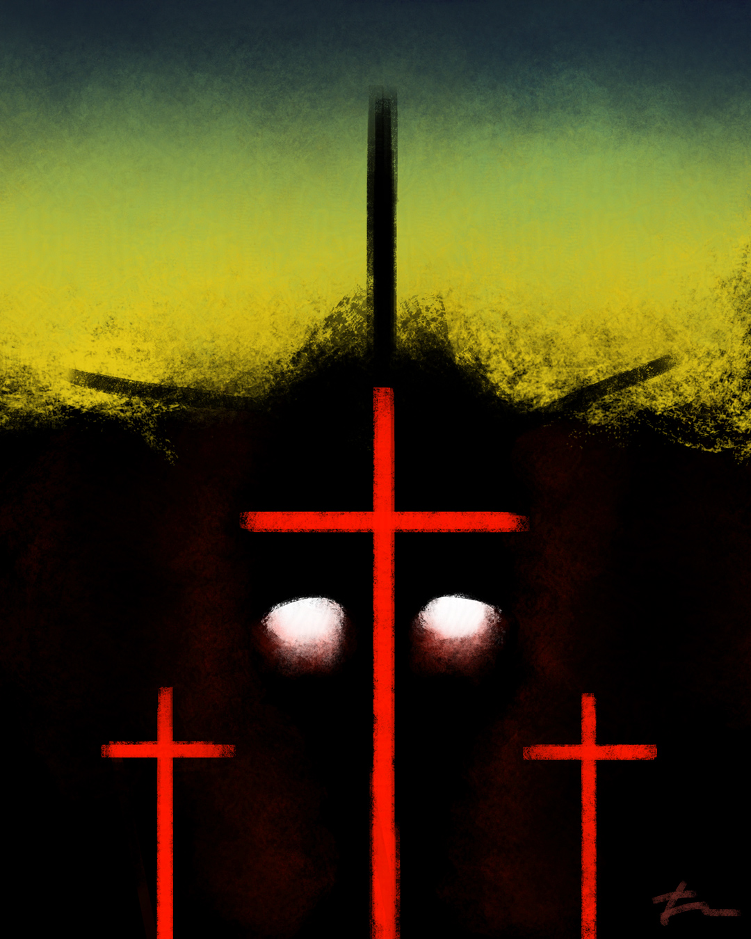 Eerie digital painting of an abstract landscape of yellow and blue. It is dominated by the black ground, in which is shown three red crosses and a pair of somber, glowing eyes.